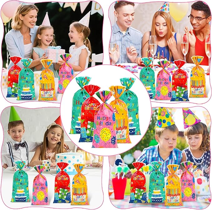ZYLOP 100PCS Birthday Cellophane Treat Bags - Happy Birthday Goodie Bags with 110 Twist Ties for Kids BDAY Party Favors Wrapping, Packaging Candy Cookies Gifts, 4.9 x10.6 Inch, 4 Colorful Styles