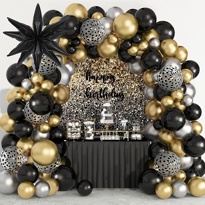 Amandir 145PCS Black and Gold Balloons Garland Arch Kit, 18''12''5'' Silver Metallic Black Gold Foil Balloons for 2026 New Year Men Wedding Anniversary Birthday Graduation Retirement Decorations