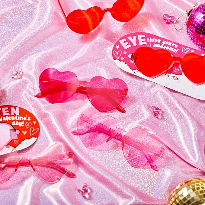 JOYIN 28 Packs Valentines Day Heart Shaped Sunglasses with Cards, Classroom Exchange Gift for Kids, Classroom Holiday Prizes, Stylish Eyewear in Vibrant Colors, Heart Shaped Glasses Party Favors