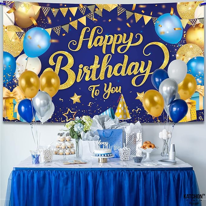 KatchOn, XtraLarge Blue and Gold Happy Birthday Banner - 72x44 Inch | Blue and Gold Bday Backdrop for Happy Birthday Decorations | Party Decorations for Men and Women