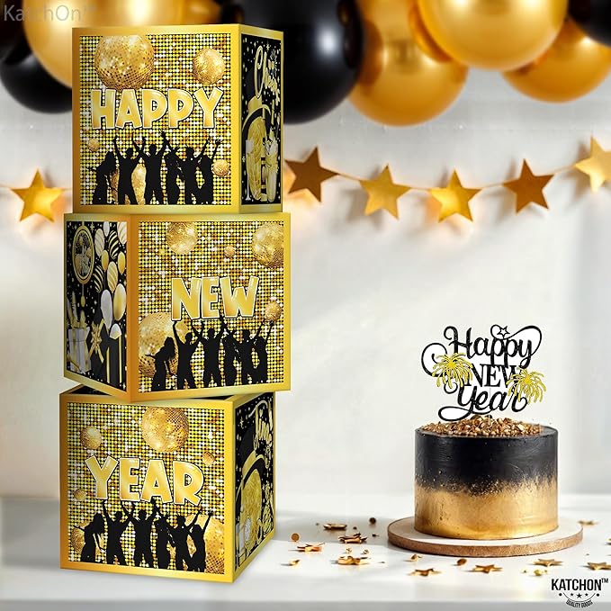 KatchOn, Happy New Years Decorations 2026 - Pack of 3 | New Year Balloon Boxes 2026 for New Years Eve Party Supplies 2026 | Black, Gold New Year Balloons and Confetti Boxes | NYE Decorations 2026