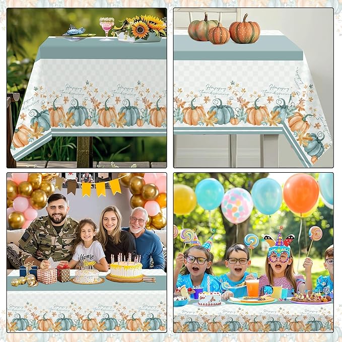 Childom 2 Pack Thanksgiving Tablecloths,Thanksgiving Decorations 54" x 108" Disposable Plastic Tablecloths,Blue Pumpkin Maple Table Covers for Rectangular Table,Home,Dinner,Party,Outdoor Picnic