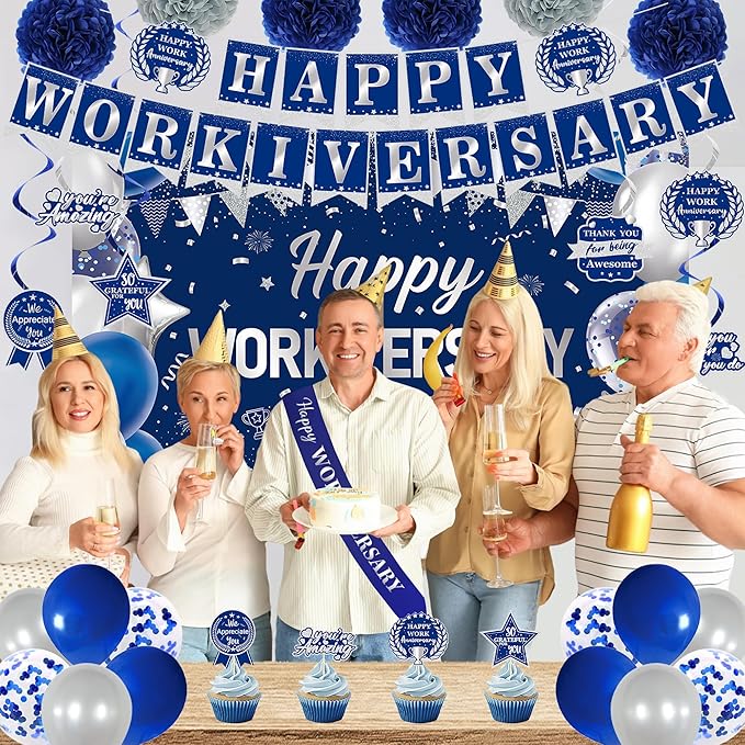 DARUNAXY Happy Workiversary Party Decorations for Men Women, Blue Silver Happy Work Anniversary Banner Cake Topper Hanging Swirl Confetti Balloons Decor Set for Employee Office Party Supplies(31PC)