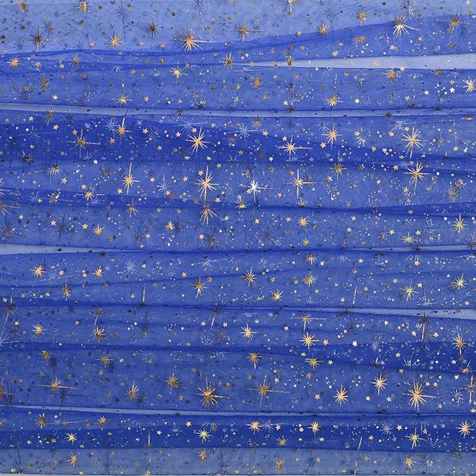Horaldaily Royal Blue Gold Sparkling Star Gauze Tablecloth 60x104 Inch Rectangular, Golden Star Sequin Glitter Metallic Foil, Sheer Tulle Cheesecloth for Wedding Baby Shower Party