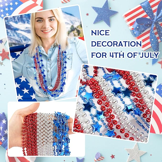 HOOSUN 4th of July Beads Necklaces,24 Pcs Patriotic Beads Necklaces Red Silver and Blue Accessories,Fourth of July Decorations,Memorial Day Accessories for Party Favors, Parades,Party Decor Supplies