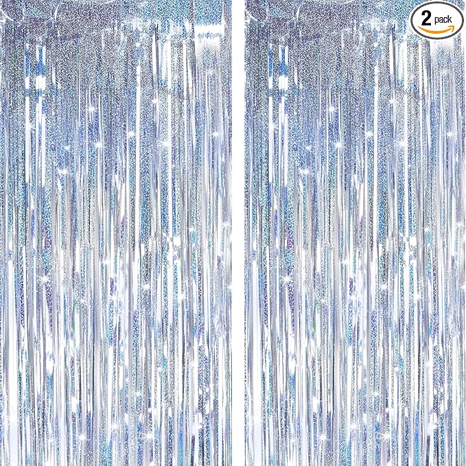 Silver Backdrops Curtains Christmas Party Decorations, Tinsel Streamers Birthday Decoration for Birthday Decorations, Photo Booth Props for Wedding, 2Pack 3.28X6.56Ft