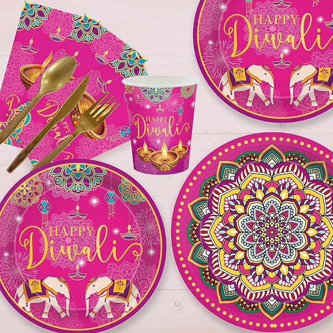 168pcs Happy Diwali Plates Napkins India Festival of Lights Disposable Cups Tableware Set Diwali Party Supplies for Festival of Lights Party Boys Girl Birthday Decorations Serve 24