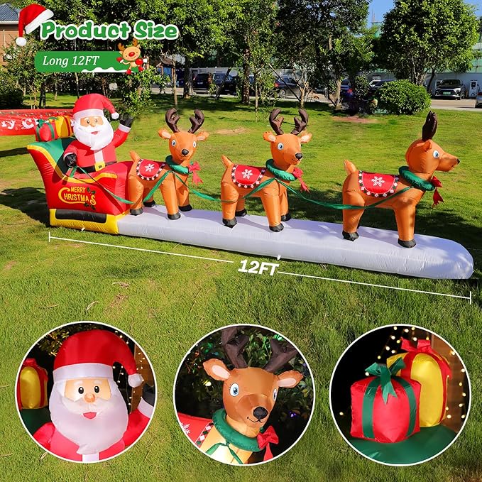 FunFanso 12 FT Christmas Inflatables Santa Claus on Sleigh Outdoor Decorations, Blow Up 3 Reindeers Pulling Santa's Sleigh with Gift Boxes, Built-in LED Lights for Xmas Party Decor Yard Garden Lawn