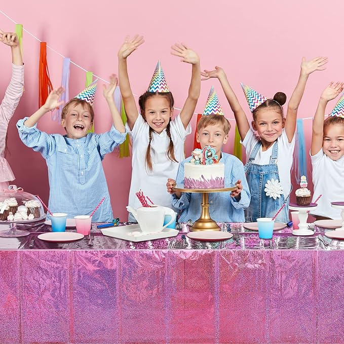 4 Pack Iridescence Plastic Tablecloths Shiny Disposable Laser Rectangle Table Covers Holographic Foil Tablecloth Iridescent Kpop Birthday Bridal Wedding Christmas Party Decoration, 54" x 108" (Pink)