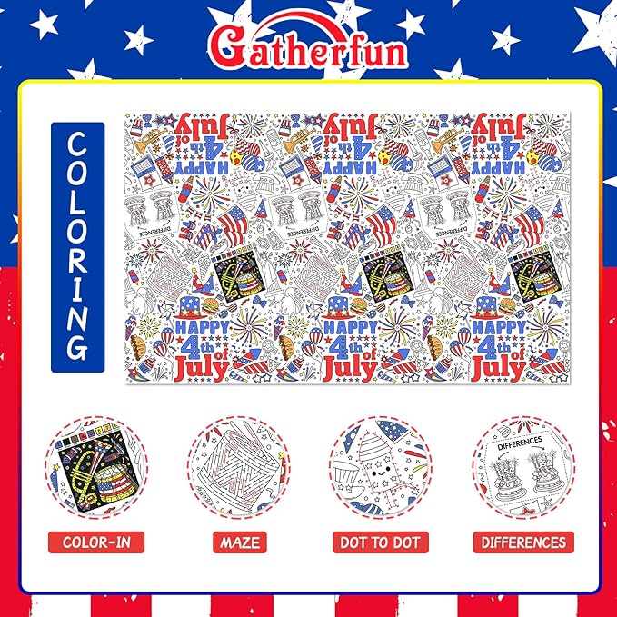 Gatherfun 4th of July Patriotic Party Supplies Color-in Disposable Paper Tablecloth | 54x88 in Independence Day Party Decorations Set for American Flag-Themed, School & Special Events