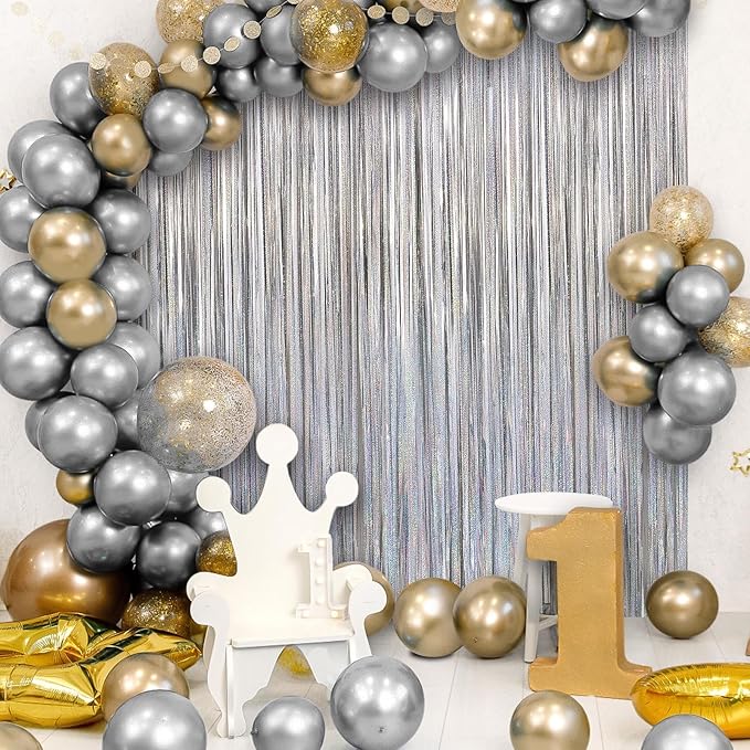 2 Pack Fringe Curtains Backdrops, Foil Fringe Curtains, Door Streamers for Birthday Wedding Bridal Shower Holiday Graduation Party Decorations, Photo Booth Backdrops, Glitter Silver