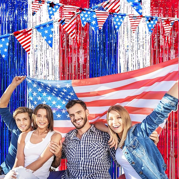 MYUPDALIN 2 Pack 4th of July Decorations - Tinsel Foil Fringe Red White and Blue Backdrop Patriotic Party Memorial Day Independence Day Labor Day, Veterans Day Party Decorations