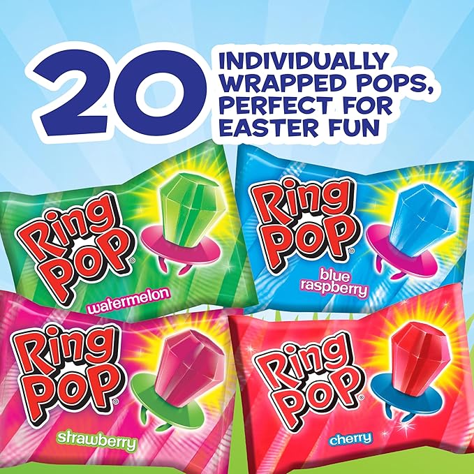 Ring Pop Candy, Easter Lollipops, 20 Ct Party Favors in Assorted Fruity Flavors - Full Size, Fun Hard Candy For Birthday Parties, Party Favors, Easter Basket Stuffers, Egg Fillers, Gifts for Kids