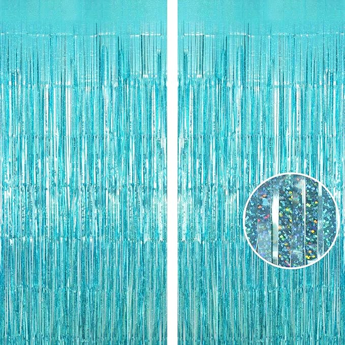 Blue Tinsel Foil Fringe Curtain Backdrop, 3.3 x 8.2 ft Metallic Glitter Curtain Streamers, 2 Pack Light Blue Photoboth for Birthday Mermaid Baby Shower Party Decorations