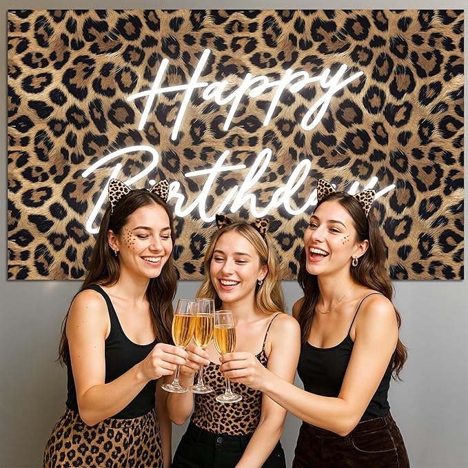 Happy Birthday Backdrop Leopard Print, 5 x 3 Ft Cheetah Print Birthday Decorations Backdrop Banner for Women Girl, Cheetah Leopard Party Decorations for Wall, Photography Background