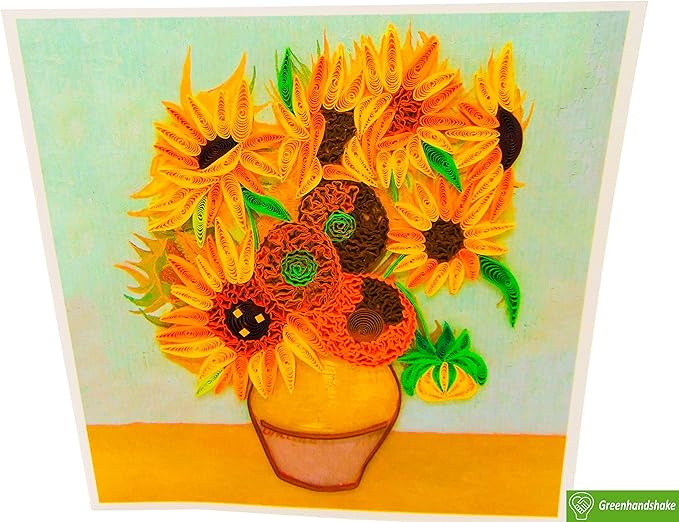 GREENHANDSHAKE Van Gogh's Vase with Sunflowers (1888) Quilling Art Greeting Card,Design Greeting Card for Birthday, Valentine's Day, Get Well, All Occasion. Framable Artwork for Art Lovers