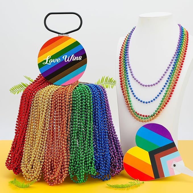Pride Necklace Accessories , 30PCS Rainbow Beads Necklaces, 6 Kinds Metallic Rainbow Beads Bulk, Round LGBTQ Pride Stuff for Gay Lesbian, Costumes Decor for Parade Throws Party Favors