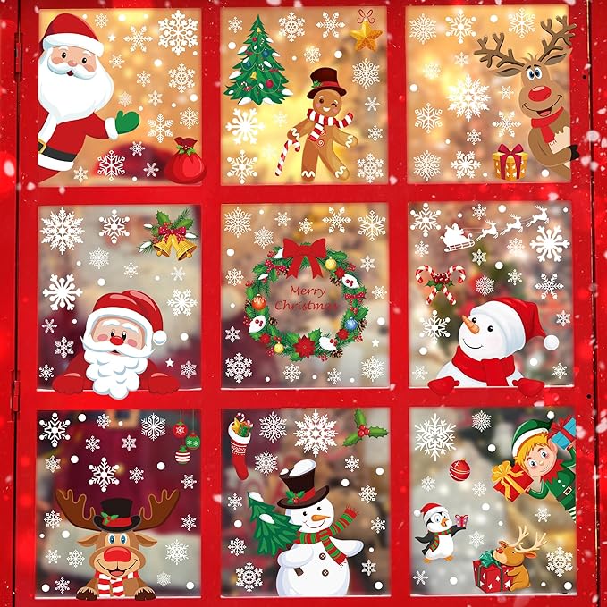 186PCS Christmas Decor, Christmas Window Clings, 9 Sheets Snowflake Window Stickers Decals with Santa Claus Snowman Reindeer, PVC Xmas Decorations Clings for Holiday Party Decorations Accessories