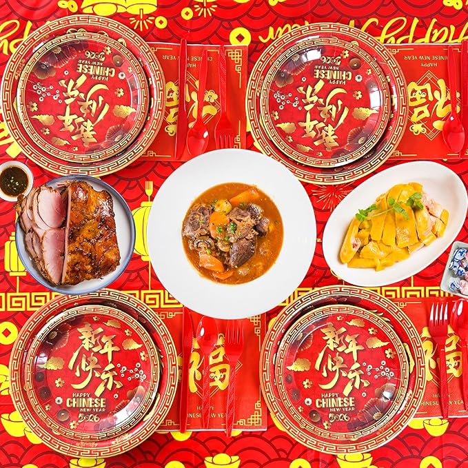 176Pcs Chinese New Year Paper Plates & Napkins Sets,Chinese New Year Dinnerware Sets Including Cups Plastic Cutlery Disposable Tablecloth for Lunar Years Supplies Decor,Serves 25
