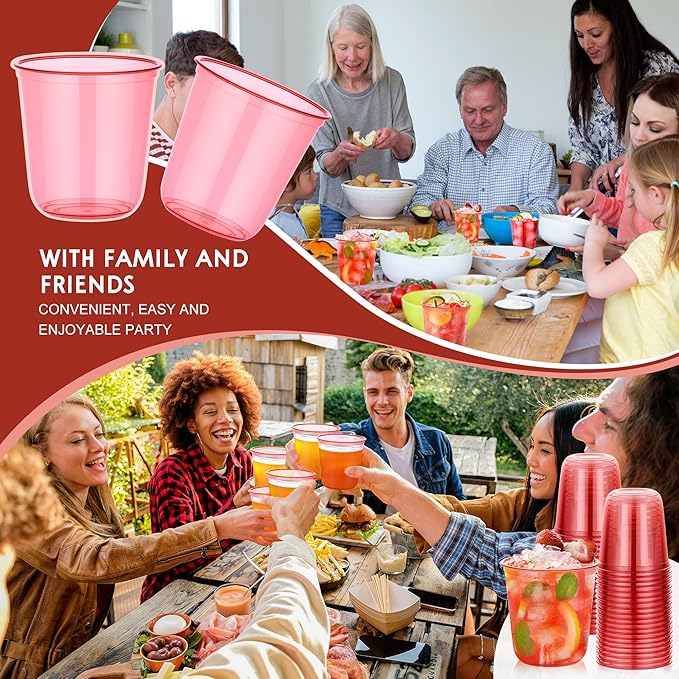 KesaPlan 50 Pcs Red Clear Plastic Cups for Party, 12 oz Disposable Stemless Wine Glasses, Cute Round Bottom Plastic Cocktail Cups for Christmas Valentine's Day Mother's Day Birthday Wedding Party