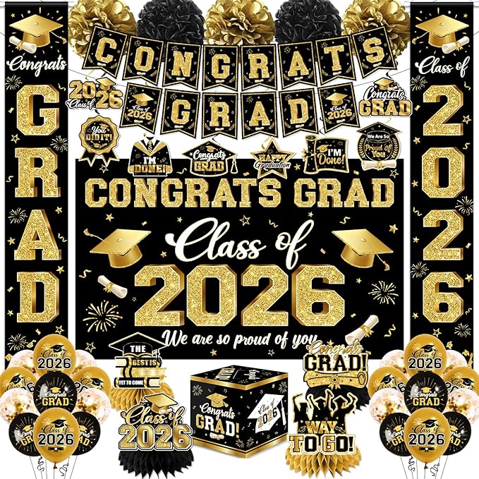 2026 Graduation Decorations - Black Gold Congrats Grad Party Supplies include Card Box, Backdrop, Banner and Balloons for Class of 2026 Decorations Set