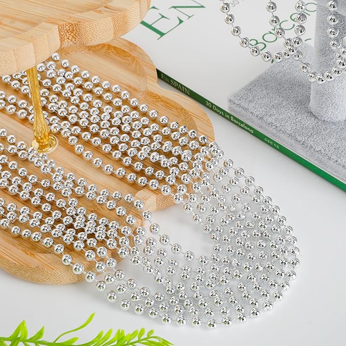 15PCS Bead Necklace, Silver Christmas Bead Stuff Party Favors, 33" Mardi Gras Xmas Silver Beaded Necklace Bulk, Festival Events Parade Throw Accessories for Wedding Birthday Celebrations Decorations