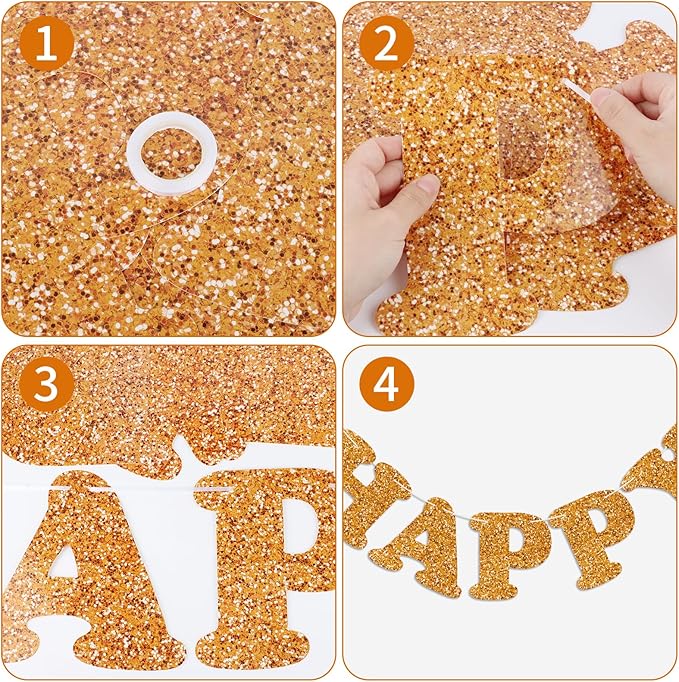 Glitter Orange Happy Birthday Banner Birthday Party Decorations Sign Bunting Banner for Wall Decor Party Background for Girls Women Adults