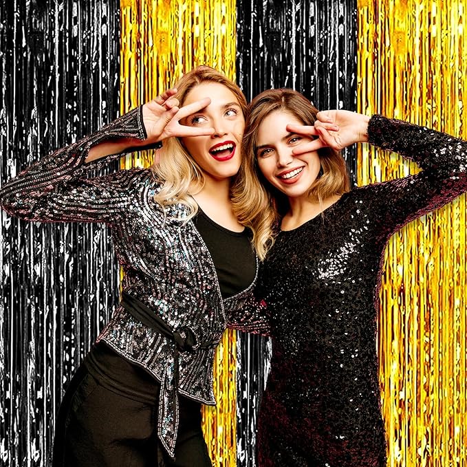 3 Pack Black Gold Foil Fringe Curtain Backdrop, 3.28Ft x 6.6Ft Metallic Tinsel Foil Fringe Streamer Curtains for Photo Booth, Christmas Day, Thanksgiving, Wedding, New Year Party Decorations