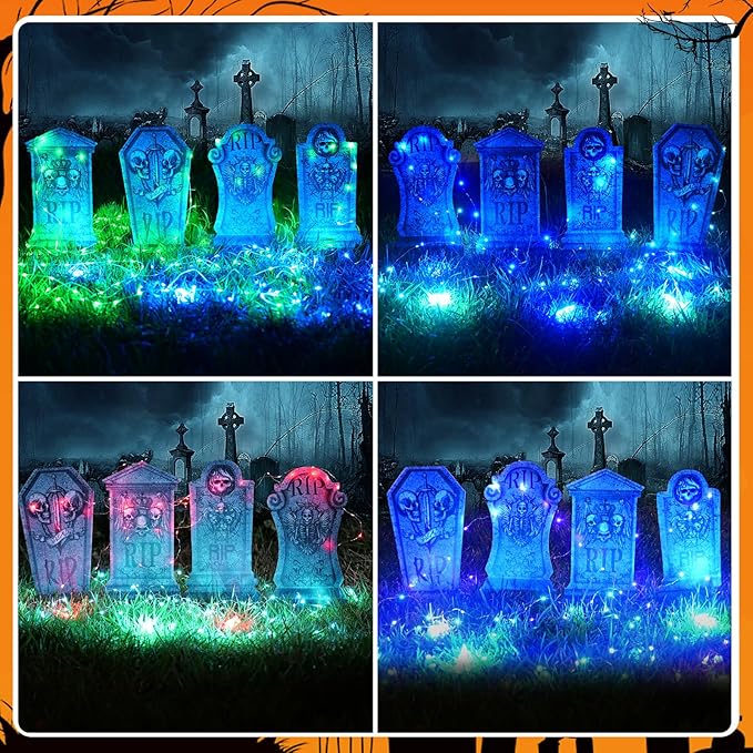 Maxee 4 Pcs 16.2" Halloween Tombstones Decoration with 1 Green Remote Lights(8 Light Modes), 2 Blue Lights(3 Modes), Plastic RIP Grave Yard Signs with 8 Stakes for Grave, Outdoor Garden, Party Decor
