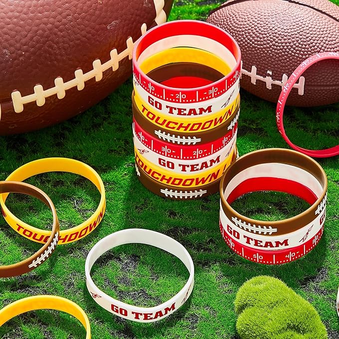Deekin 32 Pcs Football Wristband Silicone Bracelets Football Party Favor Bracelet Motivational Rubber Bracelets for Men Women Fan Party Favors Sport Theme Birthday Supplies Gifts(Bright)