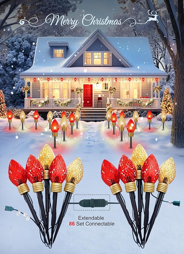 Brightown Strawberry Jumbo C9 Christmas Pathway Lights Outdoor - 2 Pack Total 17 Feet 10 LED Jumbo C9 Walkway Lights, Christmas Light Outdoor Decorations for Lawn Yard Holiday, Red & Warm White