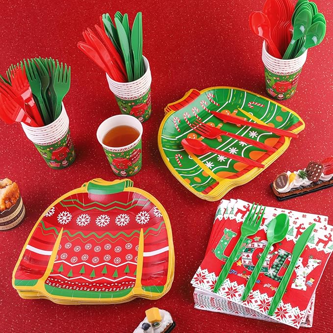 durony 168 Pieces Ugly Sweater Christmas Paper Plates Ugly Sweater Party Decorations Xmas Disposable Dinnerware Set Ugly Party Plates Napkins Cups Cutlery Party Supplies Set, Serves 24 Guests