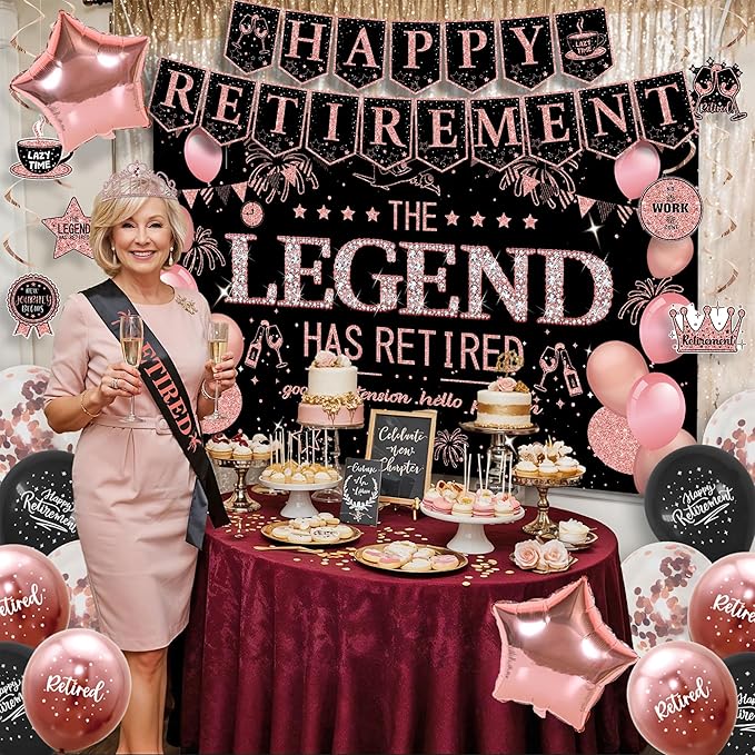 Roetyce Retirement Party Decorations Women, Black and Pink Happy Retirement Banner Backdrop Balloon Hanging Swirls for Coworker, Rose Gold Lengend Has Retired Sash & Crown, Office Retired Background