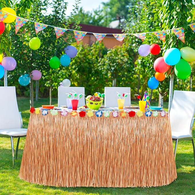 Hawaiian Themed Party Decorations, 2PCS Yellow Luau Party Table Skirt Decorations, 108 X 29.5" Table Skirt Flower Tropical Hula Dance Parties Supplies, Grass Table Skirt for Summer Beach Themed Party