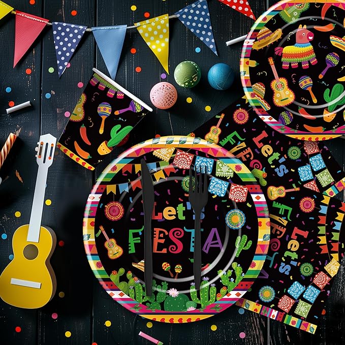 Mexican Fiesta Party Decorations Tableware - Fiesta Party Supplies, Plate, Cup, Napkin, Disposable Cutlery, Mexican Cinco De Mayo Decorations Dinnerware For Birthday Baby Shower | Serve 24