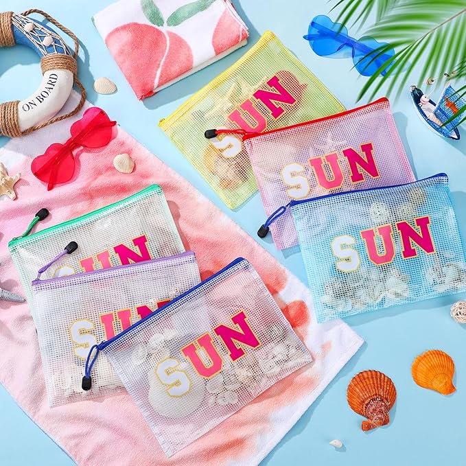 Kacctyen 12 Pcs Sunscreen Bag Clear Makeup Bag Beach Vacation Essentials Summer Pool Waterproof Toiletry Pouch Portable Preppy Letter Mesh Zipper Organizer for Women Family Travel Gifts(Pink,Sun)