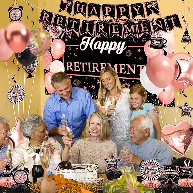 Retirement Party Decorations for Women 109Pcs Rose Gold Black Happy Retirement Decorations Retired Banner Backdrop Balloons Sash Hanging Swirls Pompoms Tablecloth Honeycomb Centerpiece(Rose Gold)