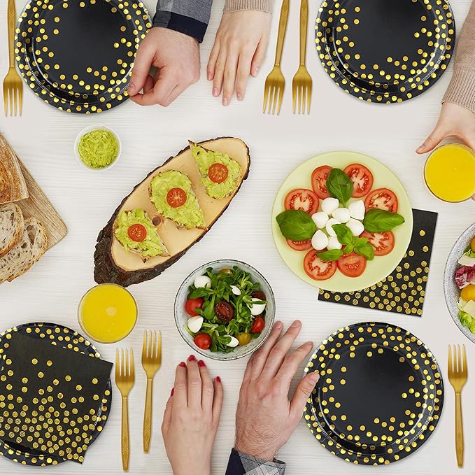 Black and Gold Paper Plates and Napkins Party Supplies,Serves 25 Guests Black Gold Plates and Napkins,Disposable Paper Tableware Set for Birthday Graduation Retirement Decorations