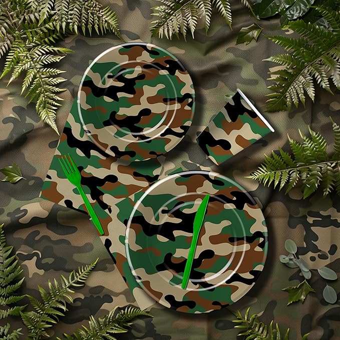 Camouflage Plates And Napkins Party Supplies - Camo Camouflage Themed Party Decorations Tableware, Plate, Cup, Napkin, Fork, Hunting Army Military Theme Birthday Table Decorations | Serve 24