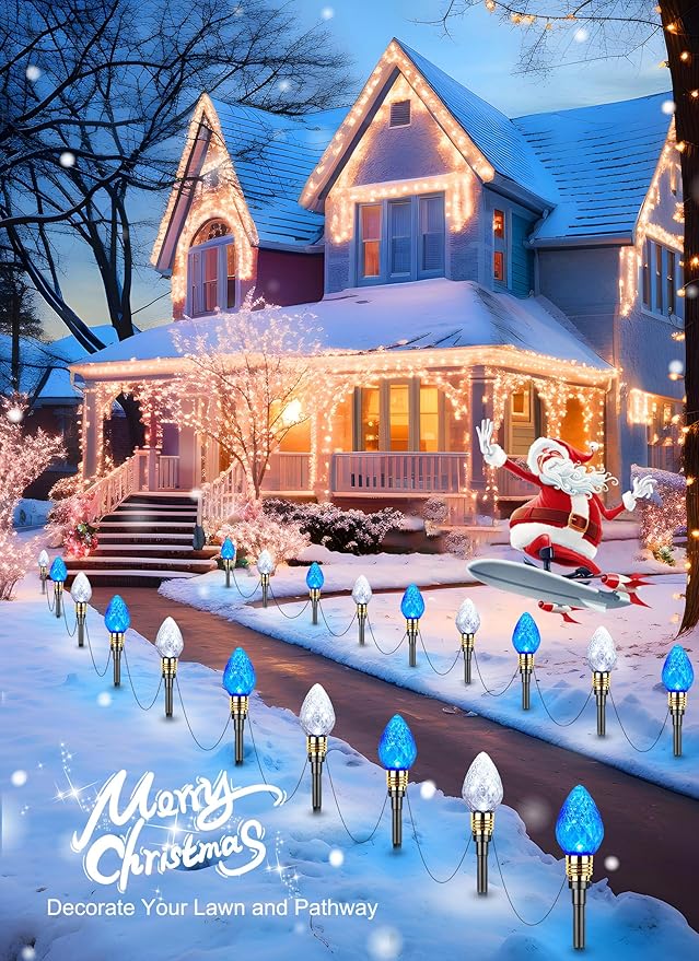 Brightown 2 Pack Strawberry C9 Christmas Pathway Lights Outdoor - Total 34.8 Feet 20 LED Christmas Walkway Lights, Christma Light Outdoor Decorations for Yard Lawn Holiday Outside, Blue & Pure White