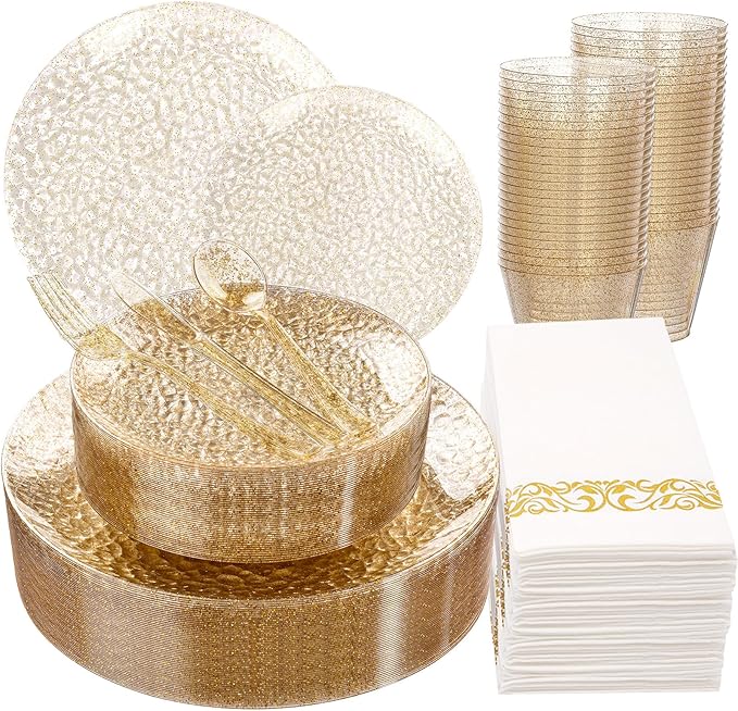 Rubtlamp 175 Pcs Gold Glitter Plastic Plates, Hammered Disposable Plates Set (25 Guests), Glitter Dinnerware Set Include 50 Plastic Plates, 75 Glitter Silverware, 25 Cups And 25 Napkins for Party