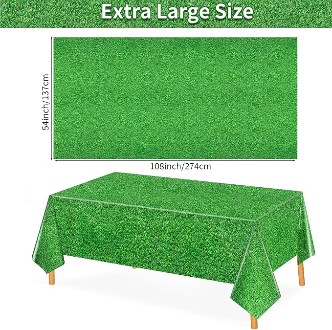 54 x 108 Inch Grass Party Tablecloths Disposable Plastic Green Table Cover for Golf Birthday Party Hole in One Decorations Outdoor Indoor Supplies