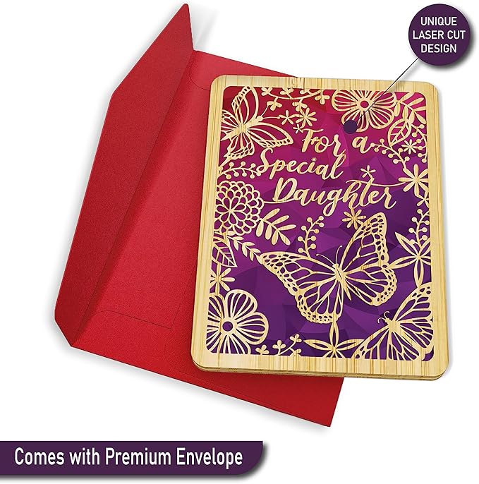 Daughter Birthday Card - | Made From Real Bamboo | 5" X 7" - 1 Pack (With Envelope) | Laser Cut, Butterfly Themed Card