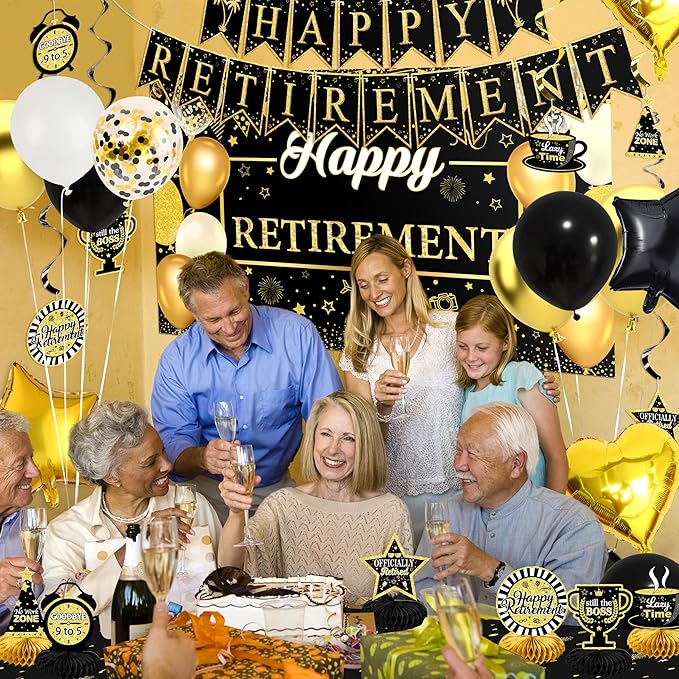 Retirement Party Decorations for Men Women 109Pcs Black Gold Happy Retirement Set Retired Banner Backdrop Balloons Sash Swirls Pompoms Tablecloth Honeycomb - Indoor Outdoor Reusable