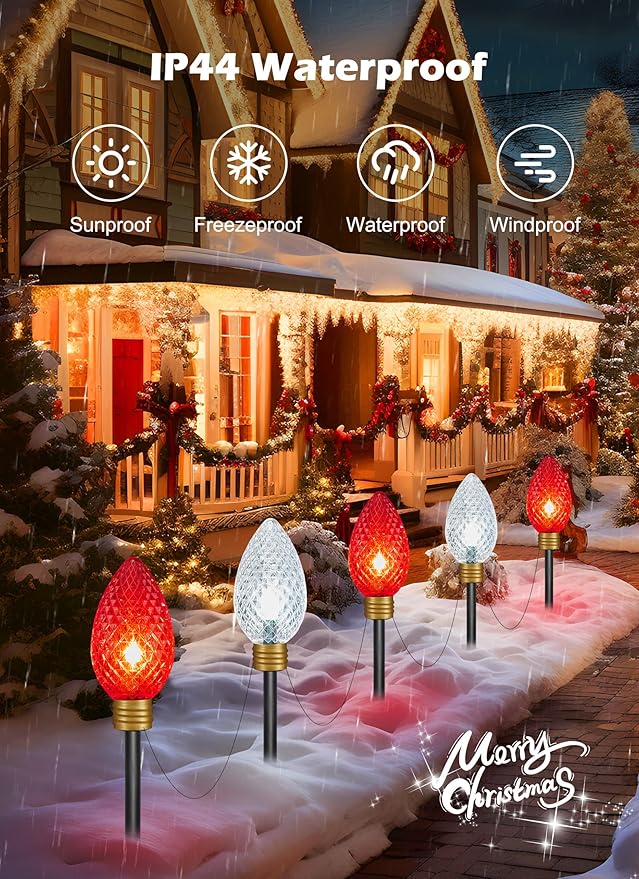 Brightown Super Jumbo C9 Christmas Pathway Lights Outdoor - 2 Pack Total 22FT 10 LED Strawberry Jumbo C9 Pathway Light, Giant Christmas Lights Outdoor Decorations for Lawn Outside, Red & Pure White