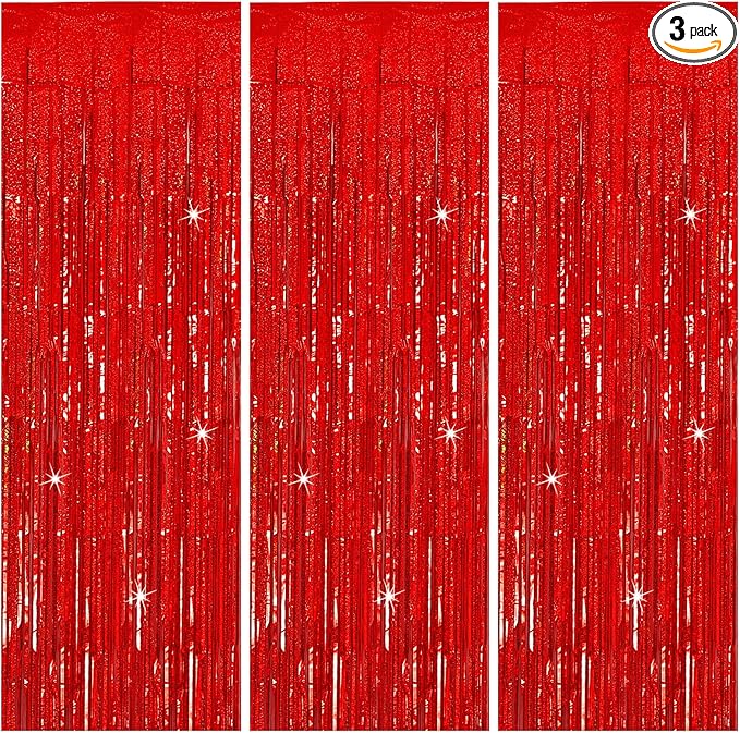 3 Pack Red Streamers Party Backdrop Christmas Decorations Foil Fringe Backdrop Curtains Carnival Casino Theme Birthday New Year Holiday Celebration Bachelorette Party Decorations Supplies