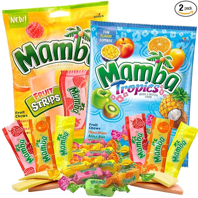 Sweetzo - Mamba Strips and Tropic Chews, Individually Wrapped Fruit Flavored Chewy Candy, Summer 2024 Candies for Goodie Bags and Party Favors, Pack of 2, 7 Ounces