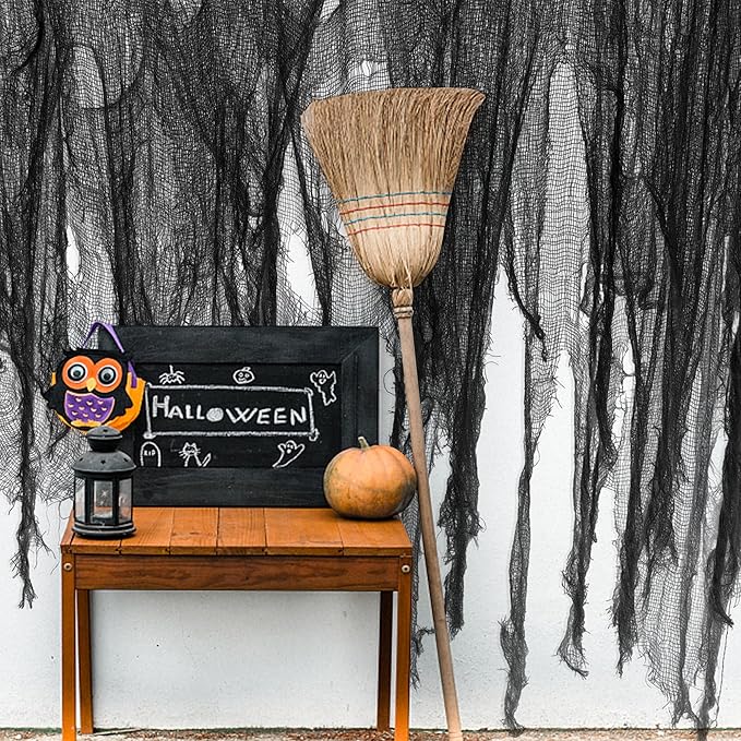 Watayo 300 x 80 Inch Halloween Creepy Cloth, Black Large Size Halloween Scary Spooky Cloth, Windows Doorways Cover Gauze for Holiday Party Haunted House Decorations