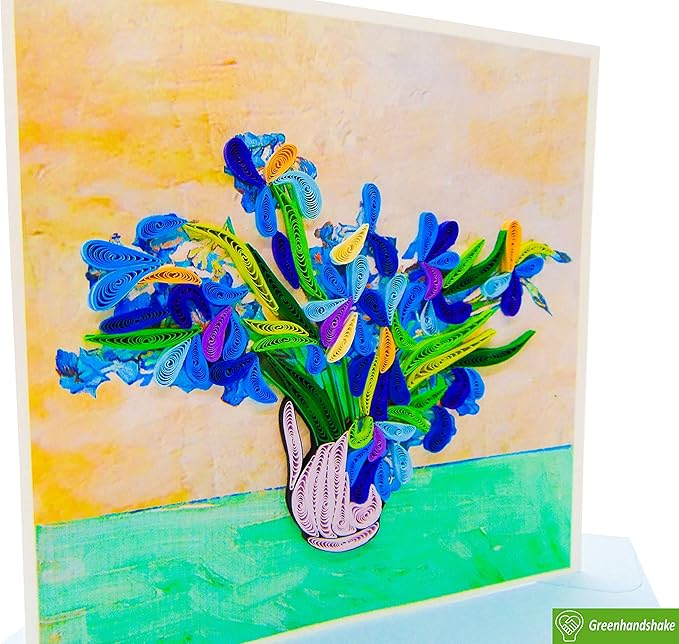Van Gogh's Irises (1890) Quilling Art Greeting Card,Design Greeting Card for Birthday, Valentine's Day, Get Well, All Occasion. Framable Artwork for Art Lovers