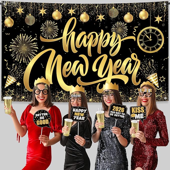 KatchOn, New Years Eve Party Supplies 2026 Set - Pack of 48 | Black and Gold Happy New Year Banner, New Year Photo Booth Props | 2026 Glasses for New Years Decorations | NYE Eve Decorations